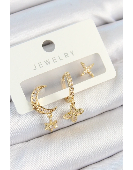 Pirinç Zirkon Taşlı Çiçek Ve Ay Model Gold Renk 3lü Çift Kadın Küpe Set