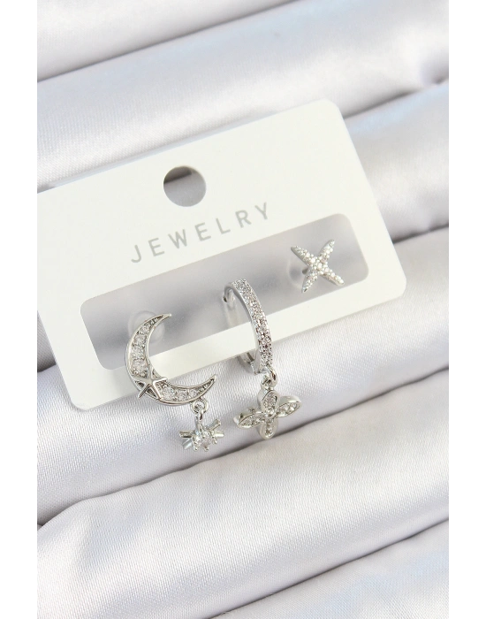 Pirinç Zirkon Taşlı Çiçek Ve Ay Model Gümüş Renk 3lü Çift Kadın Küpe Set