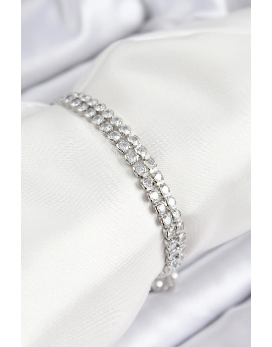 Pirinç Zirkon Taşlı Çift Sıra Model Gümüş Renk Asansörlü Kadın Bileklik