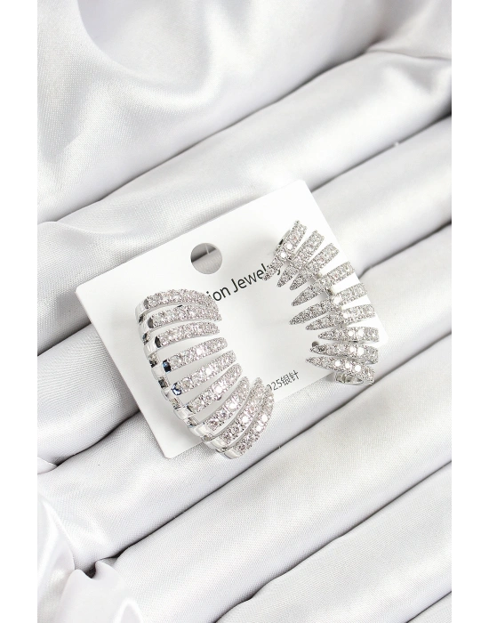 Pirinç Zirkon Taşlı Çoklu Görünümlü Model Gümüş Renk Kadın Küpe