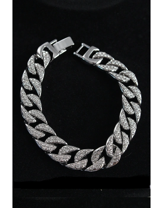 Pirinç Zirkon Taşlı Cuba Gurmet Model Gümüş Renk Erkek Bileklik