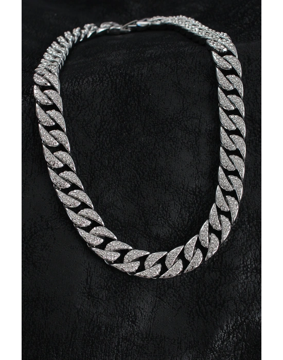 Pirinç Zirkon Taşlı Cuba Gurmet Model Gümüş Renk Erkek Kolye