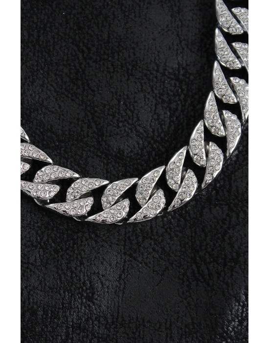 Pirinç Zirkon Taşlı Cuba Gurmet Model Gümüş Renk Erkek Kolye