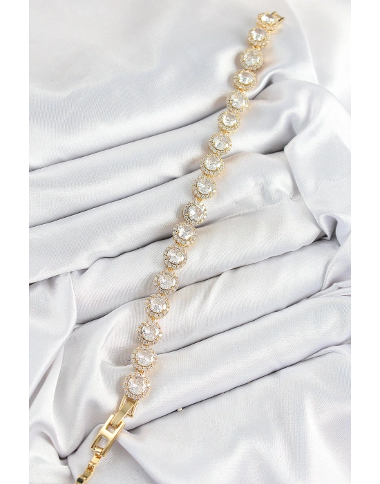 Pirinç Zirkon Taşlı Daire Baget Model Gold Renk VIP Seri Kadın Bileklik