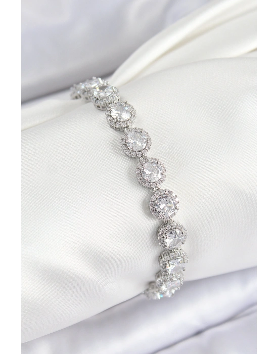 Pirinç Zirkon Taşlı Daire Baget Model Gümüş Renk VIP Seri Kadın Bileklik