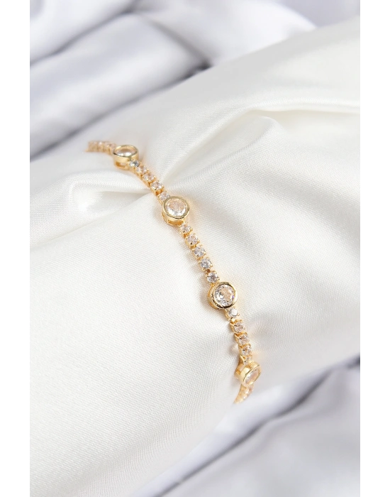 Pirinç Zirkon Taşlı Daire Model Gold Renk Asansörlü Kadın Bileklik