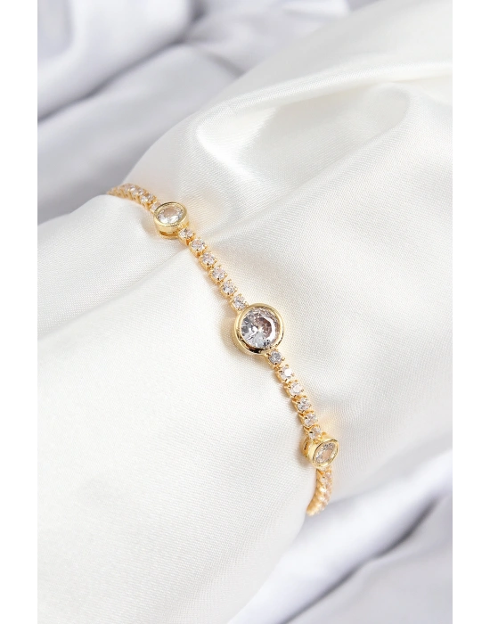 Pirinç Zirkon Taşlı Daire Model Gold Renk Asansörlü Kadın Bileklik