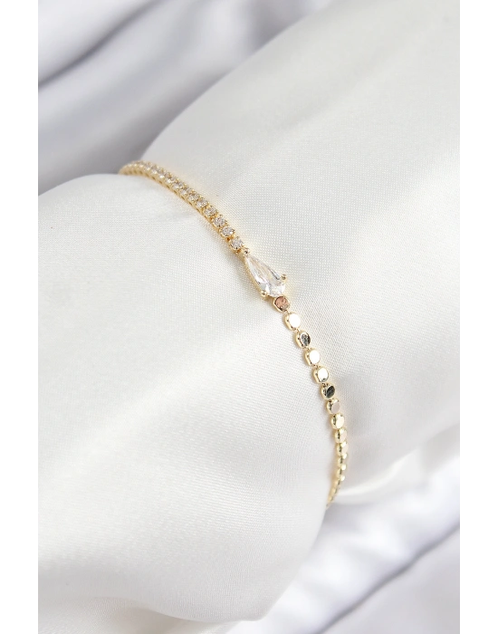 Pirinç Zirkon Taşlı Damla Model Ezme Zincir Gold Renk Kadın Bileklik