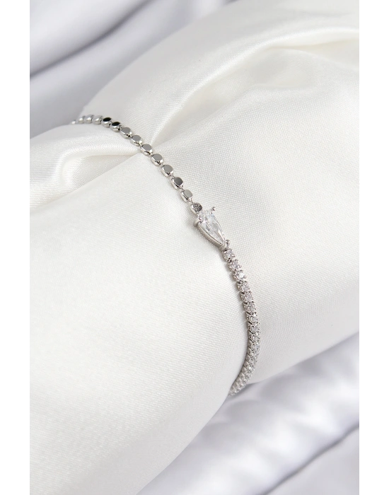 Pirinç Zirkon Taşlı Damla Model Ezme Zincir Gümüş Renk Kadın Bileklik