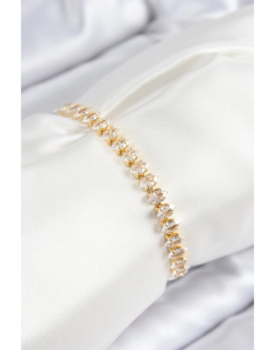 Pirinç Zirkon Taşlı Damla Model Gold Renk Asansörlü Kadın Bileklik