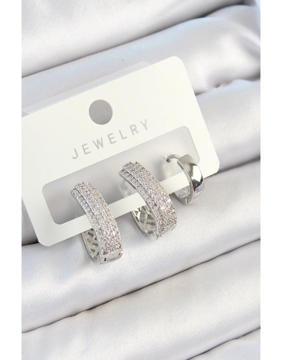 Pirinç Zirkon Taşlı Damla Model Gümüş Renk 3lü Çift Kadın Küpe Set