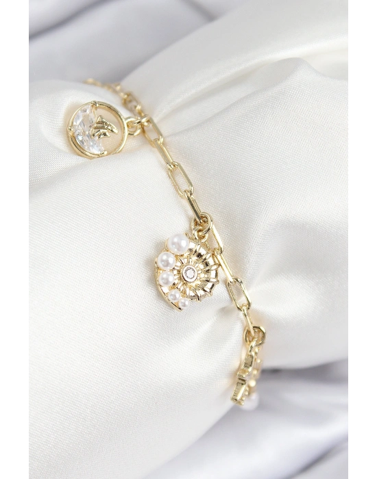 Pirinç Zirkon Taşlı Deniz Kabuğu Model Gold Renk Kadın Bileklik