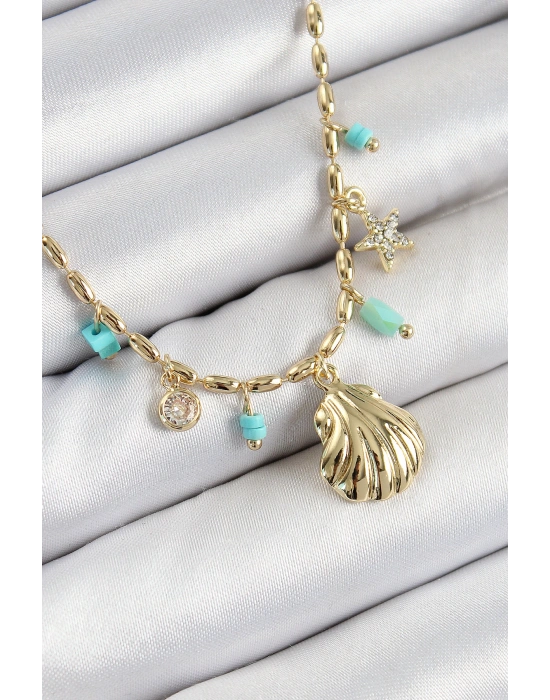 Pirinç Zirkon Taşlı Deniz Kabuğu Model Gold Renk Kadın Kolye