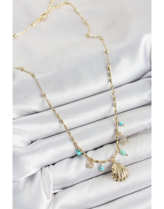 Pirinç Zirkon Taşlı Deniz Kabuğu Model Gold Renk Kadın Kolye