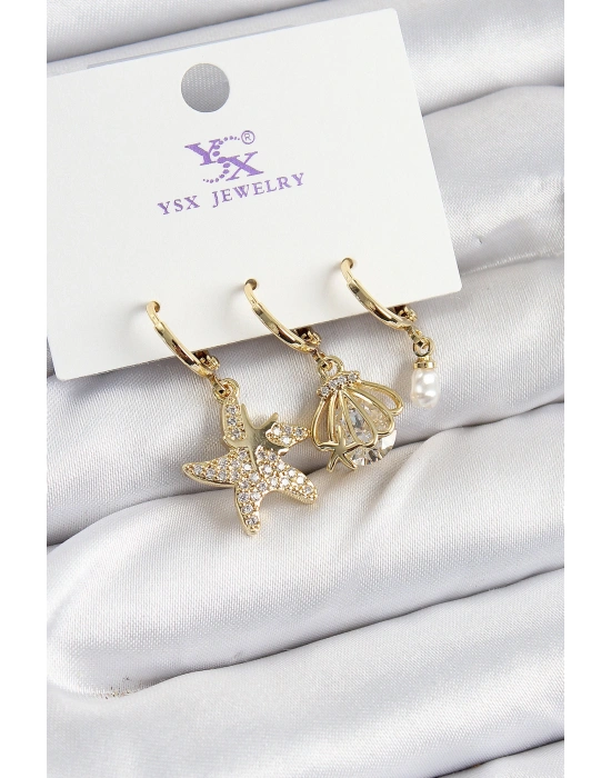 Pirinç Zİrkon Taşlı Deniz Yıldızı Ve İstiridye Model Gold Renk 3lü Kadın Küpe