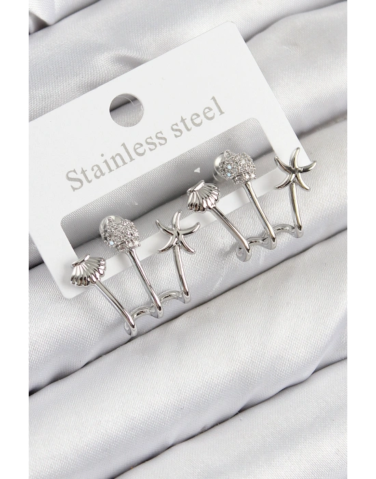 Pirinç Zirkon Taşlı Deniz Yıldızı ve İstiridye Model Gümüş Renk Kadın Küpe