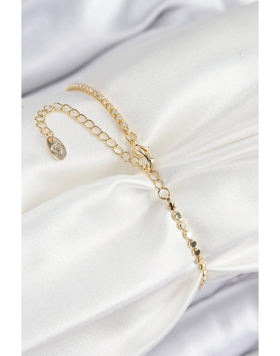 Pirinç Zirkon Taşlı Dikdörtgen Model Ezme Zincir Gold Renk Kadın Bileklik