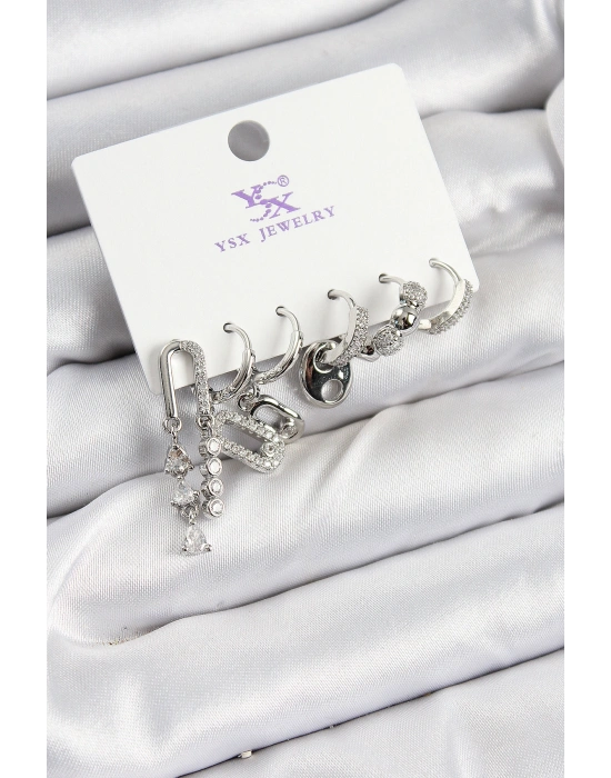 Pirinç Zİrkon Taşlı Dikdörtgen Model Gümüş Renk 3lü Çift Kadın Küpe