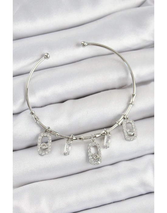 Pirinç Zirkon Taşlı Dikdörtgen Model Gümüş Renk Charm Bileklik