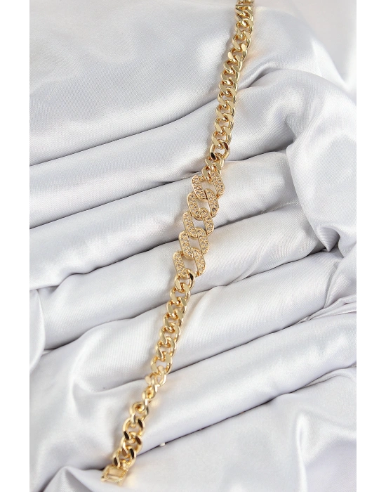 Pirinç Zirkon Taşlı Ezme Küba Zincir Model Gold Renk Kadın Bileklik