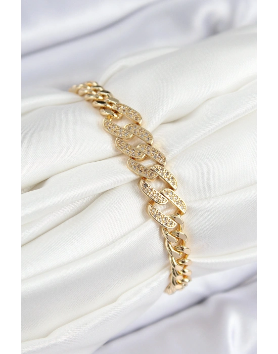 Pirinç Zirkon Taşlı Ezme Küba Zincir Model Gold Renk Kadın Bileklik