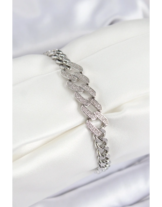 Pirinç Zirkon Taşlı Ezme Küba Zincir Model Gümüş Renk Kadın Bileklik