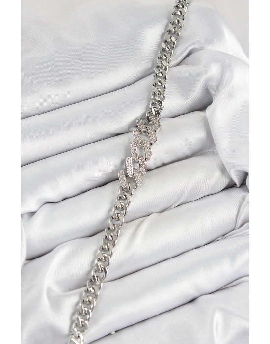 Pirinç Zirkon Taşlı Ezme Küba Zincir Model Gümüş Renk Kadın Bileklik