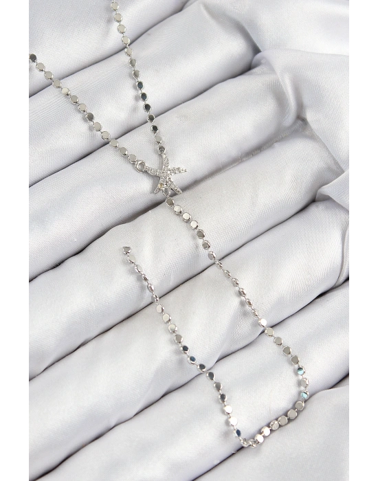 Pirinç Zirkon Taşlı Ezme Zincirli Deniz Yıldızı Model Gümüş Renk Y Kolye