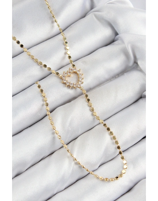 Pirinç Zirkon Taşlı Ezme Zincirli Kalp Model Gold Renk Y Kolye