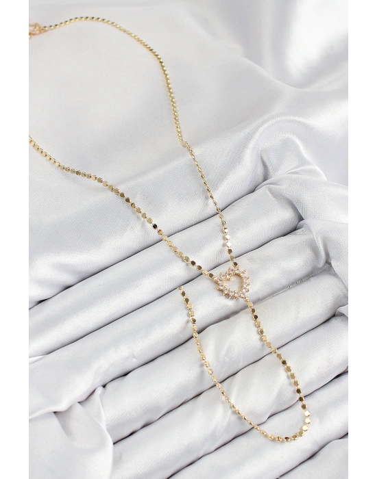 Pirinç Zirkon Taşlı Ezme Zincirli Kalp Model Gold Renk Y Kolye