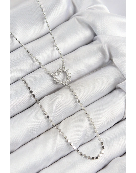 Pirinç Zirkon Taşlı Ezme Zincirli Kalp Model Gümüş Renk Y Kolye