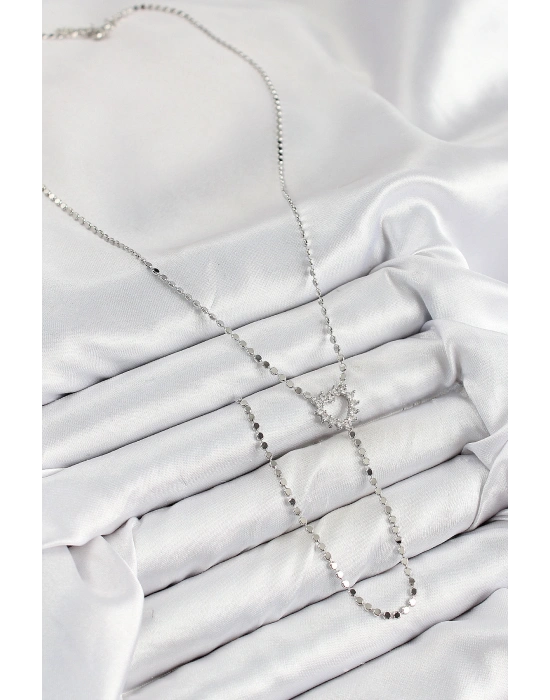 Pirinç Zirkon Taşlı Ezme Zincirli Kalp Model Gümüş Renk Y Kolye