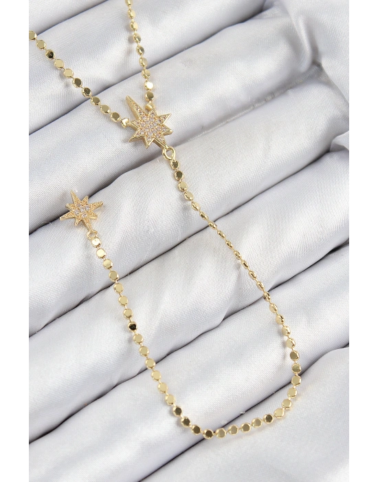 Pirinç Zirkon Taşlı Ezme Zincirli Kutup Yıldızı Model Gold Renk Y Kolye