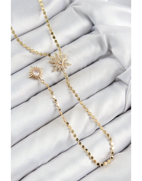 Pirinç Zirkon Taşlı Ezme Zincirli Kutup Yıldızı Model Gold Renk Y Kolye