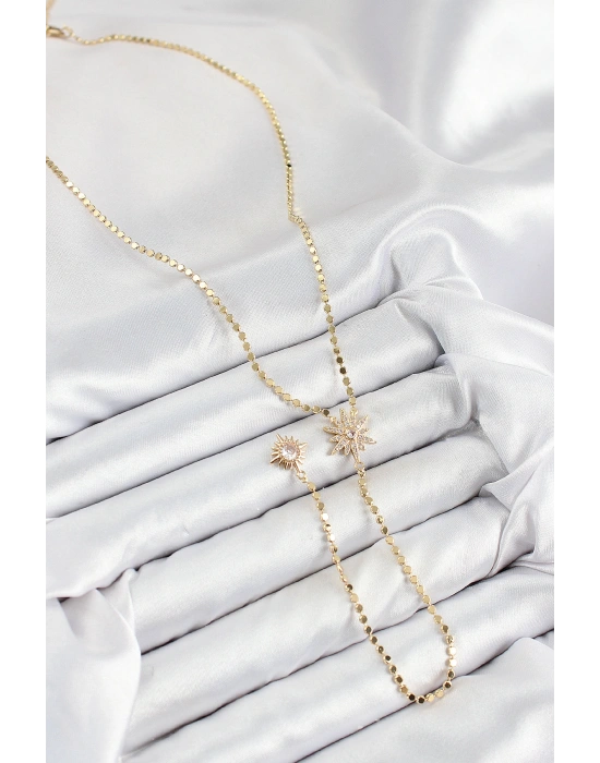 Pirinç Zirkon Taşlı Ezme Zincirli Kutup Yıldızı Model Gold Renk Y Kolye