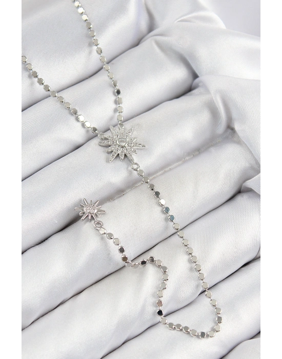 Pirinç Zirkon Taşlı Ezme Zincirli Kutup Yıldızı Model Gümüş Renk Y Kolye