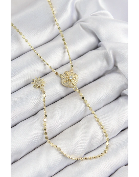 Pirinç Zirkon Taşlı Ezme Zincirli Madalyon Model Gold Renk Y Kolye