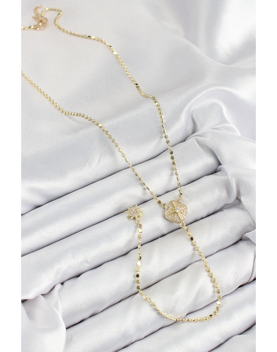 Pirinç Zirkon Taşlı Ezme Zincirli Madalyon Model Gold Renk Y Kolye