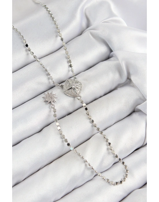 Pirinç Zirkon Taşlı Ezme Zincirli Madalyon Model Gümüş Renk Y Kolye