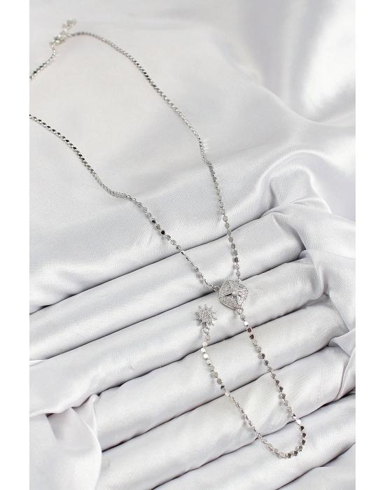 Pirinç Zirkon Taşlı Ezme Zincirli Madalyon Model Gümüş Renk Y Kolye