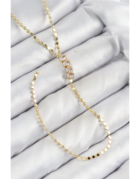 Pirinç Zirkon Taşlı Ezme Zincirli Model Gold Renk Y Kolye