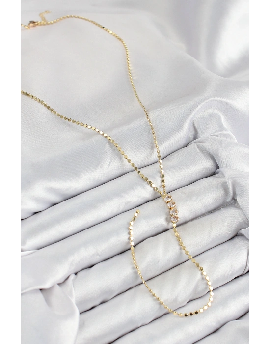 Pirinç Zirkon Taşlı Ezme Zincirli Model Gold Renk Y Kolye