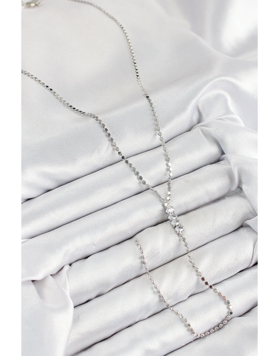 Pirinç Zirkon Taşlı Ezme Zincirli Model Gümüş Renk Y Kolye