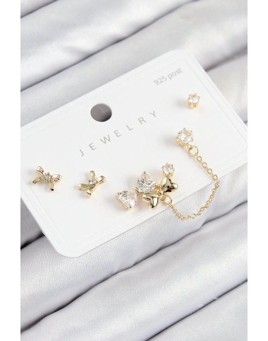 Pirinç Zirkon Taşlı Fiyonk Model Gold Renk 925 Ayar Gümüş Çivi Kadın Küpe Set