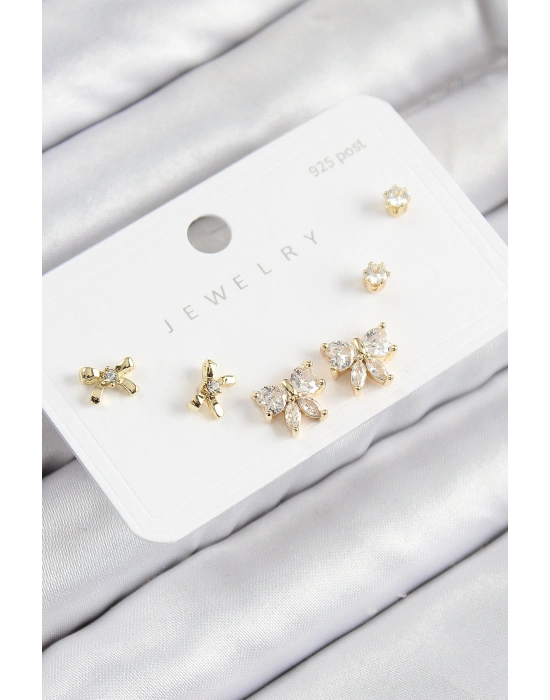 Pirinç Zirkon Taşlı Fiyonk Model Gold Renk 925 Ayar Gümüş Çivi Kadın Küpe Set