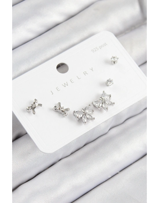 Pirinç Zirkon Taşlı Fiyonk Model Gümüş Renk 925 Ayar Gümüş Çivi Kadın Küpe Set