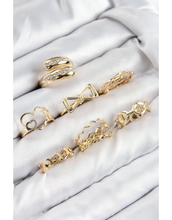 Pirinç Zirkon Taşlı Fiyonk Ve Kalp Model Gold Renk Kadın Yüzük Kombin Set