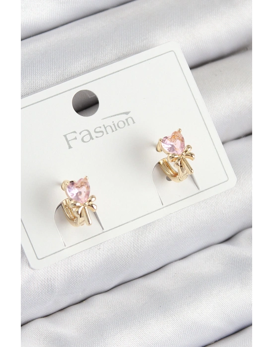 Pirinç Zirkon Taşlı Fiyonklu Kalp Model Gold Renk Çocuk Küpe