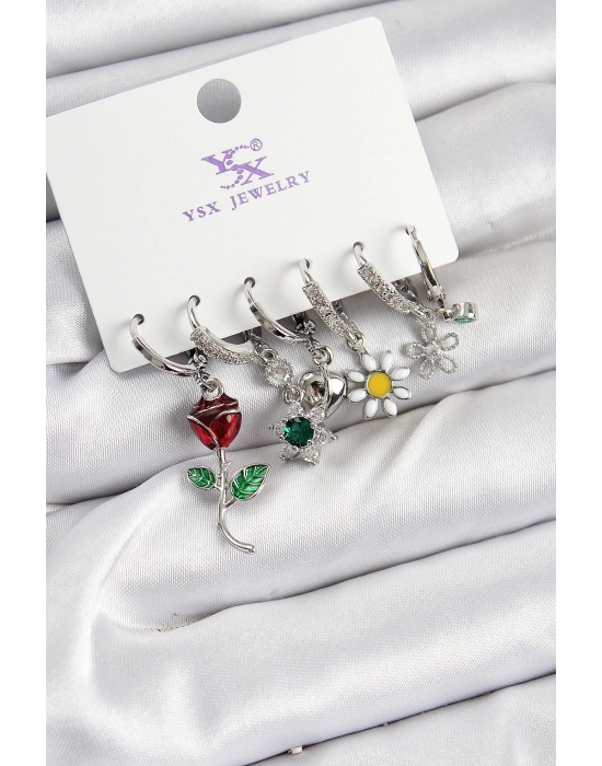 Pirinç Zİrkon Taşlı Gül Ve Papatya Model Gümüş Renk 3lü Çift Kadın Küpe