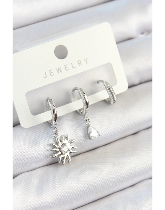 Pirinç Zirkon Taşlı Güneş Model Gümüş Renk 3lü Çift Kadın Küpe Set